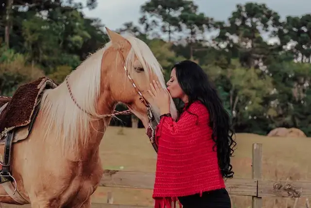How do horses help us? Delighted young woman kissing obedient horse in paddock
